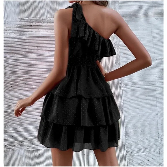 Boho Swiss dot One Shoulder Ruffle Mini Dress - Picture 4 of 13